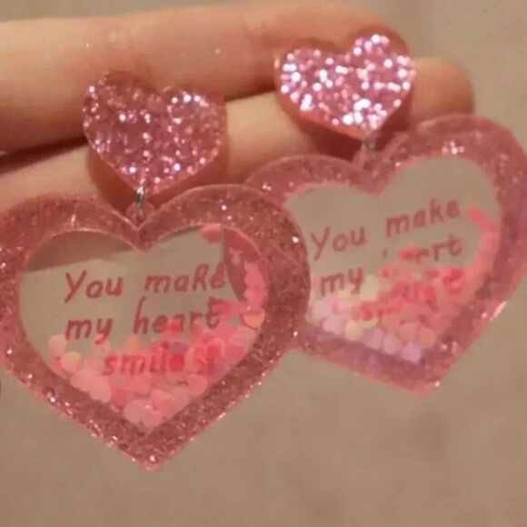 You Make Me' Pink Sequins Heart Acrylic Earrings - Picture 1 of 1